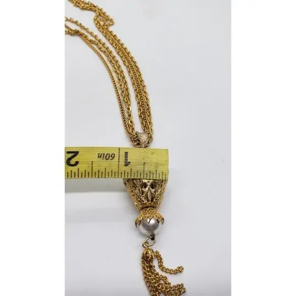 Vtg Pearl Pendant Necklace Tassel Triple Chain Gold Plated 70s Celebrity - Picture 6 of 10
